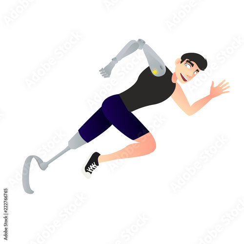 Blue-eyed man with prosthetic arms and legs running on white background
