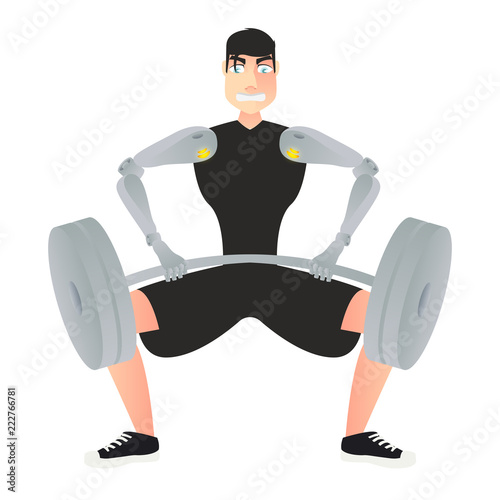 Dark-haired man with hand prostheses lifts the bar