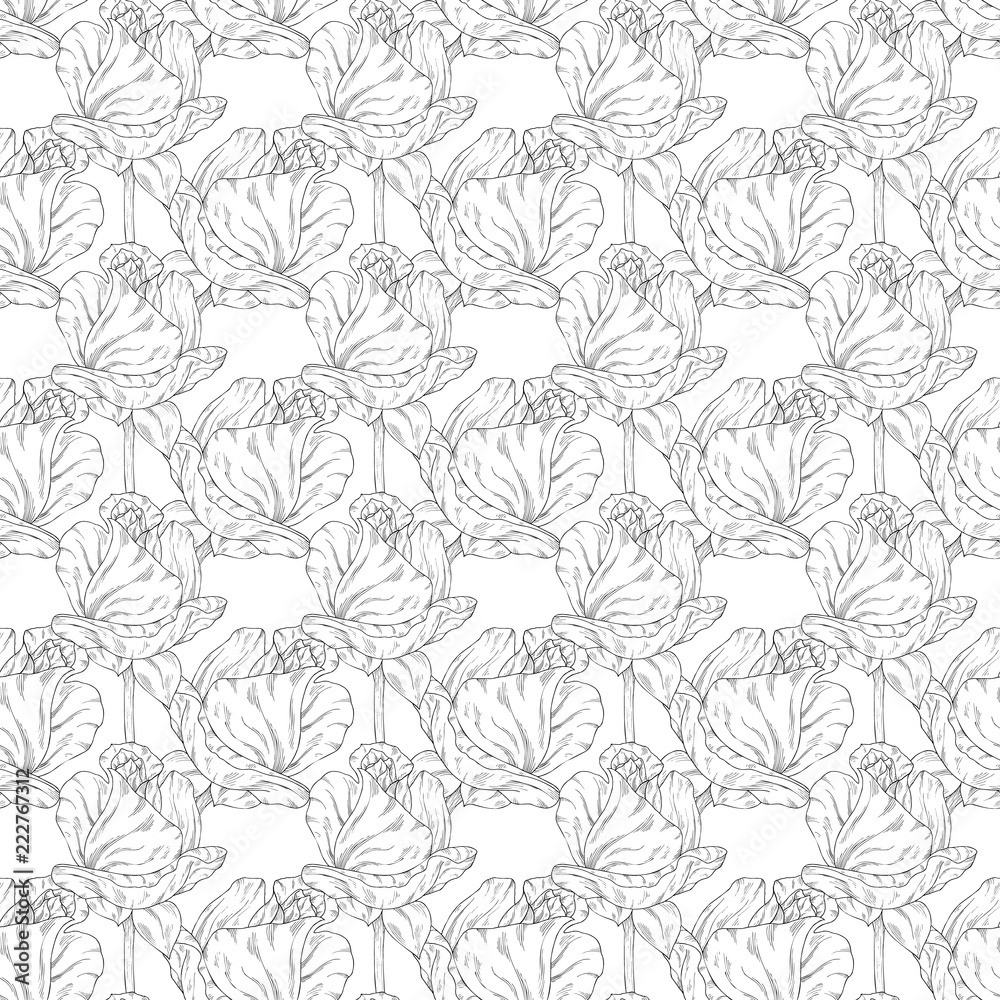 Seamless pattern. Plant in blossom, branch with flower ink sketch. Template for a business card, banner, poster, notebook, invitation, color book Seamless pattern. Plant in blossom, branch with flower ink sketch. Template for a business card, banner, poster, notebook, invitation, color book