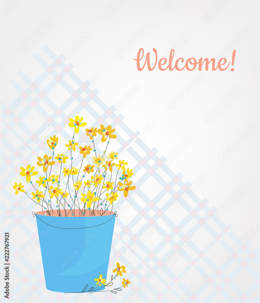 Flowers and vase welcome card for holidays, sketch style. Vector graphic illustration