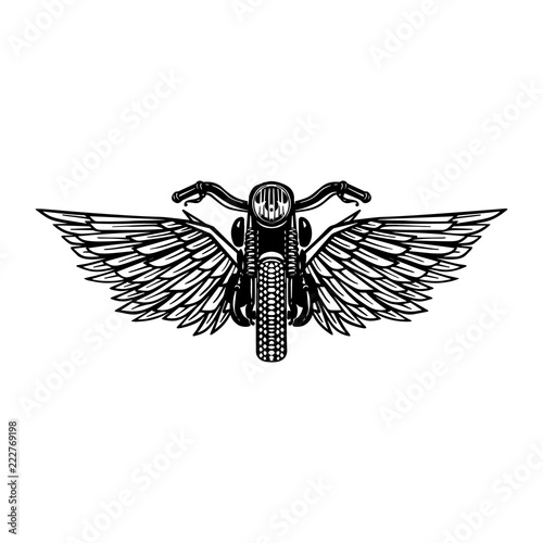 Hand drawn motorcycle illustration with wings. Design element for logo, label, emblem, sign, badge, poster, t shirt.