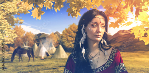 Attractive native american girl in autumn wood, photo manipulation 