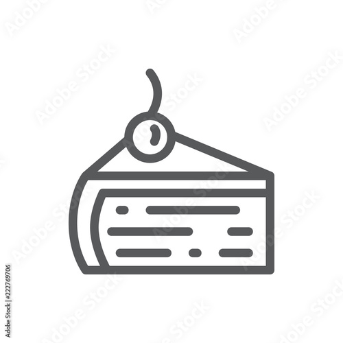 Layered cake vector illustration - editable line icon of triangular piece of sweet layered pie decorated with cherry.