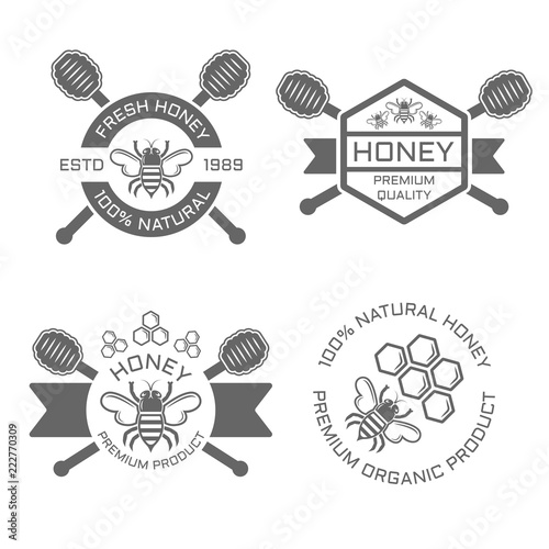 Honey set of monochrome vector emblems