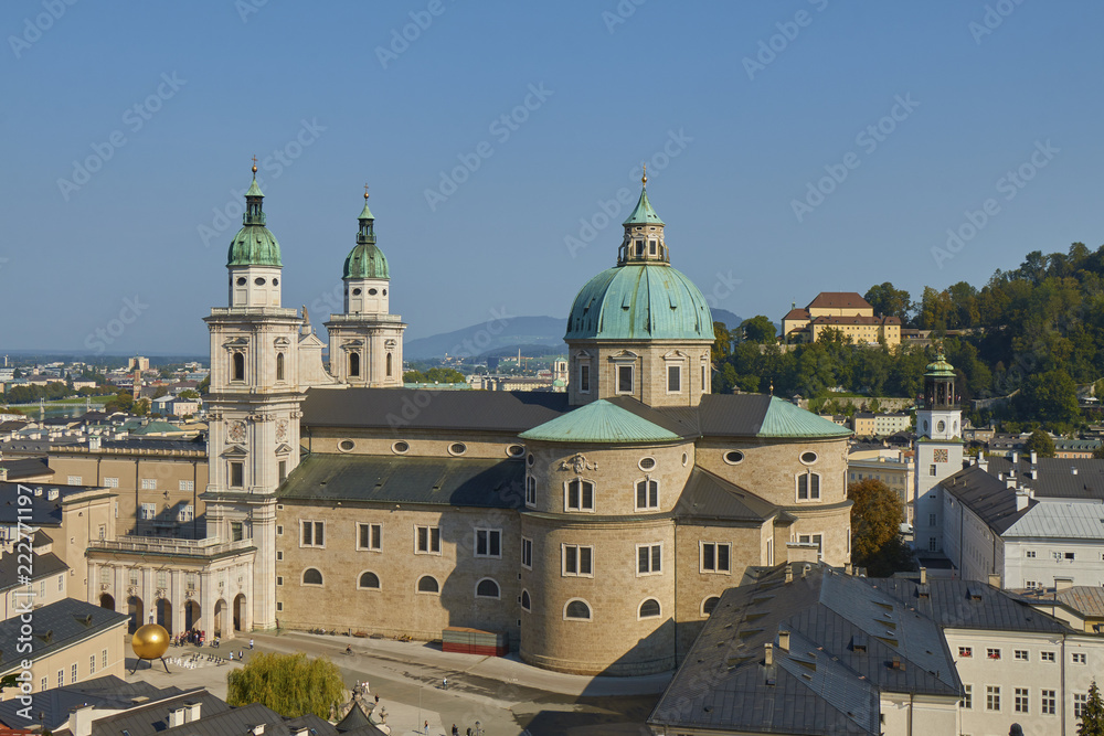 Aerial view of beautiful Salzburg Cathedral in Austria with blue sky background.