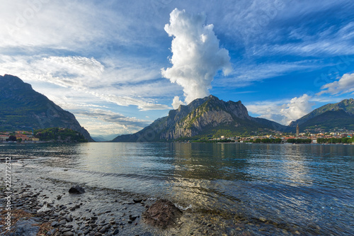 Panorama of Lecco with the mountains in the background and a huge cloud on Mount San Martino