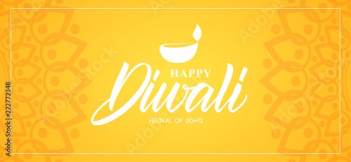 Happy Diwali. Greeting banner wit hand type lettering, Indian ornament and lamp.