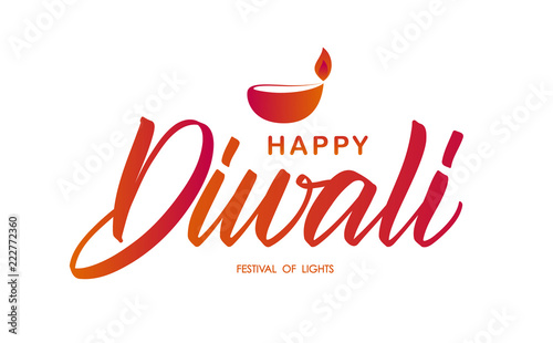 Handwritten brush type lettering of Happy Diwali in flame colors on white background. Vector illustration.