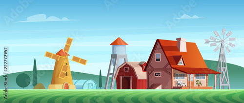 Colorful countryside landscape with a beautiful village house. Rural location. Wheat field. Farm landscape. 