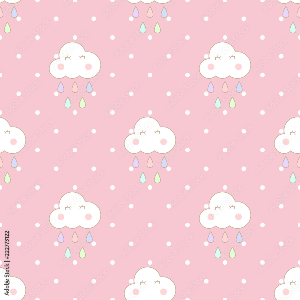 Cute cloud seamless pattern decorated with rain and polkadot on pink background in pastel theme. The clounds are smiling and having fun with their rain.