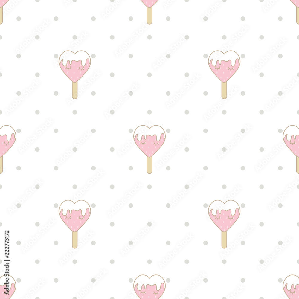 Cute strawberry ice cream in heart shape seamless pattern on white background and gray polka dot in pastel theme.