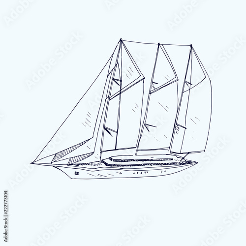 Three mastered schooner yacht type, hand drawn doodle, sketch, black and white vector illustration