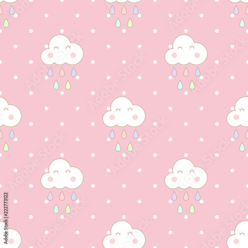 Cute cloud seamless pattern decorated with rain and polkadot on pink background in pastel theme. The clounds are smiling and having fun with their rain.