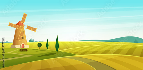 Farm landscape, windmill on field, Rural countryside. Cartoon modern style vector illustration