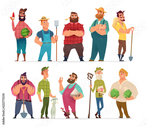 Collection of farm character design. Happy and healthy farmers set