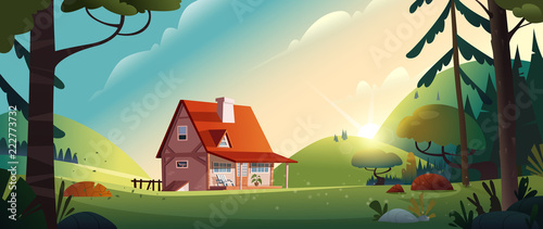 Country house in the forest. Farm in the countryside. Cottage among trees. Cartoon vector illustration
