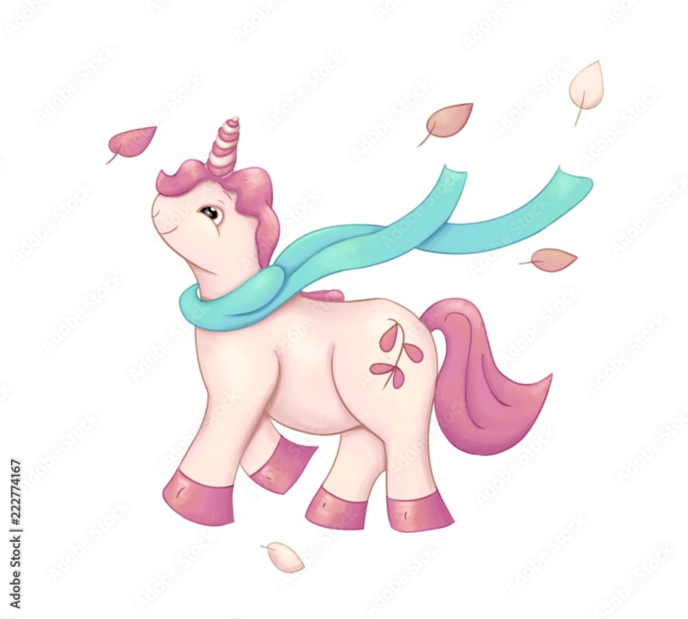 Naklejka premium Cute pink unicorn is walking, looking up, smiling, the girl is happy, dressed turquoise scarf whose is moving in the wind, flying leafs on the white background, autumn season, colorful illustration