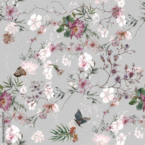 Watercolor painting of leaf and flowers, seamless pattern on gray background