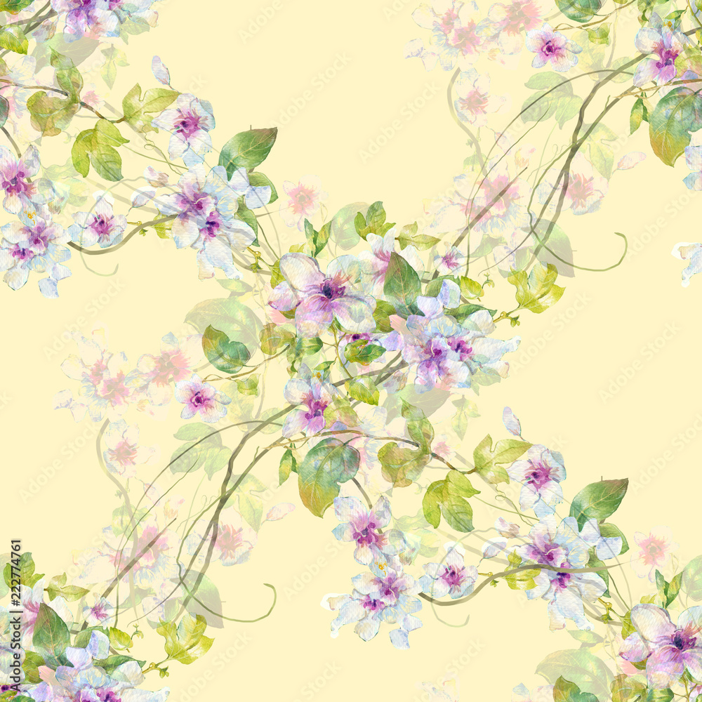 Watercolor painting of leaf and flowers, seamless pattern