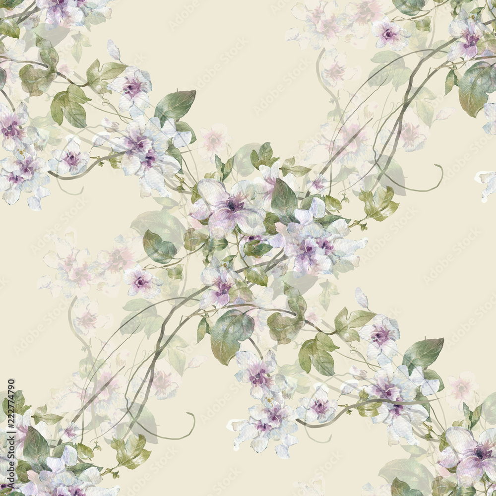 Watercolor painting of leaf and flowers, seamless pattern on gray background