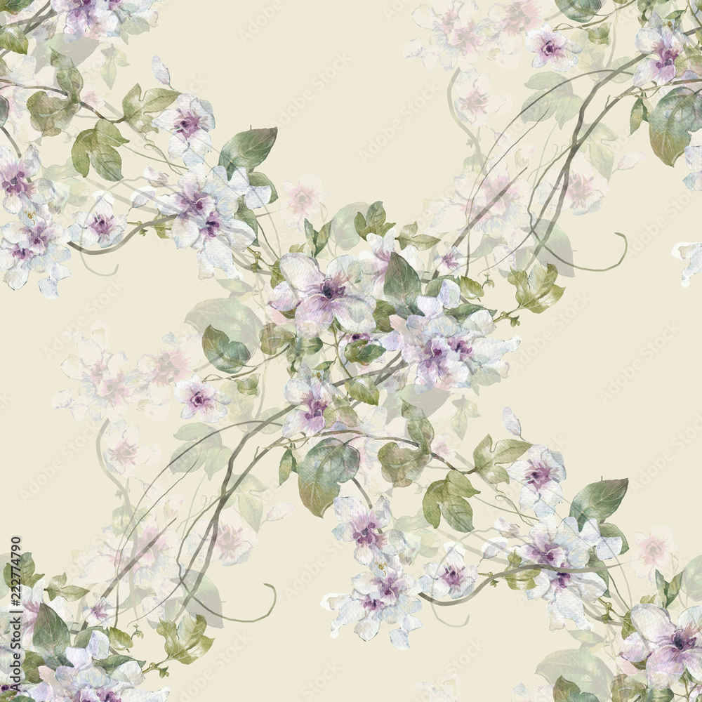 Watercolor painting of leaf and flowers, seamless pattern on gray background Watercolor painting of leaf and flowers, seamless pattern on gray background