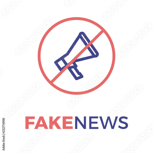 Megaphone spreading fake news in a red circle with left slash. Vector thin line icon illustration for concepts of false information, misleading information, manipulation and misinformation