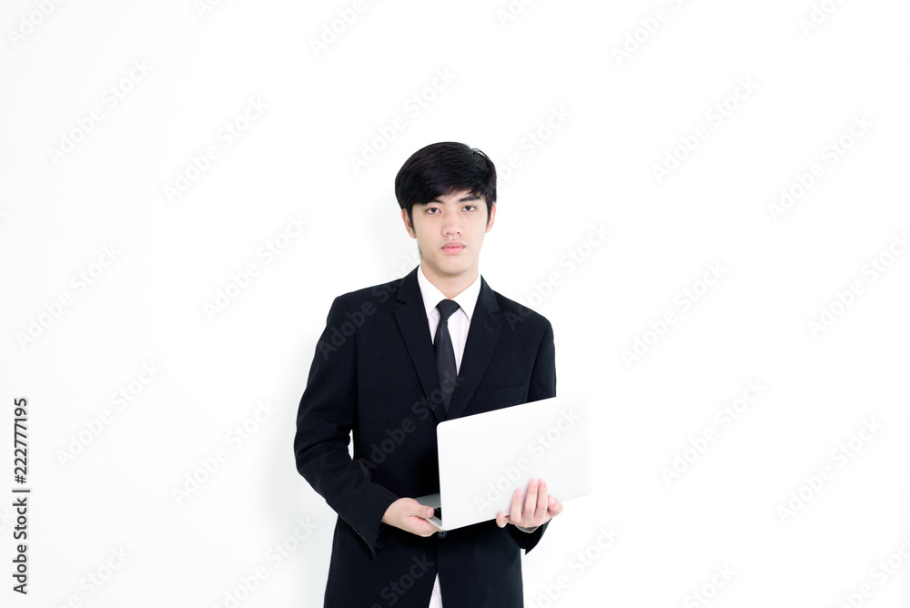 Asian business handsome man has holding laptop for woking isolated on white background. Asian business handsome man has holding laptop for woking isolated on white background.