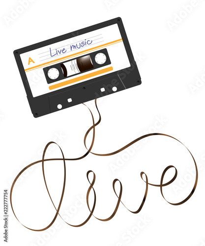 Compact audio cassette black color and live text made from analog magnetic audio tape illustration on white background, with copy space
