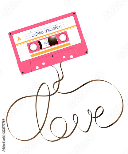Compact audio cassette pink color and love text made from analog magnetic audio tape illustration on white background, with copy space