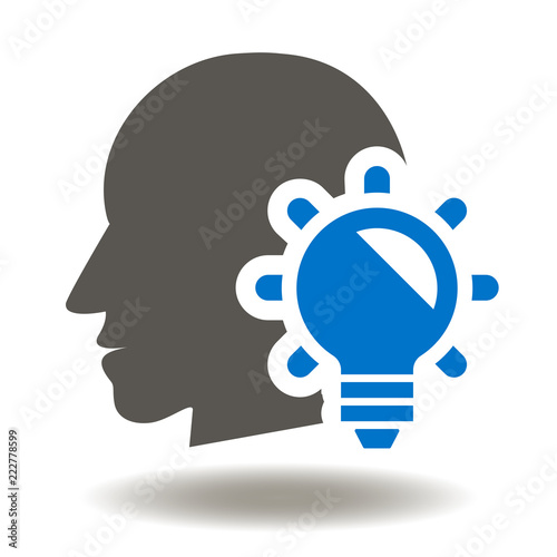 Head with bulb icon. Creative mind logo. Creativity think web sign. Brilliant idea, brainstorm symbol. Emotional Intelligence Vector.