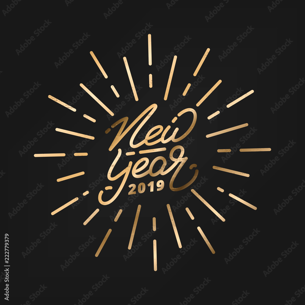 Fototapeta premium New Year 2019. Happy New Year 2019 gold hand lettering label. Hand drawn logo for New Year card, poster, design etc