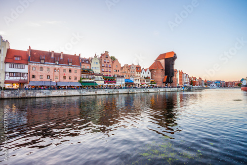 Gdansk old town and famous crane at amazing sunrise. Gdansk.