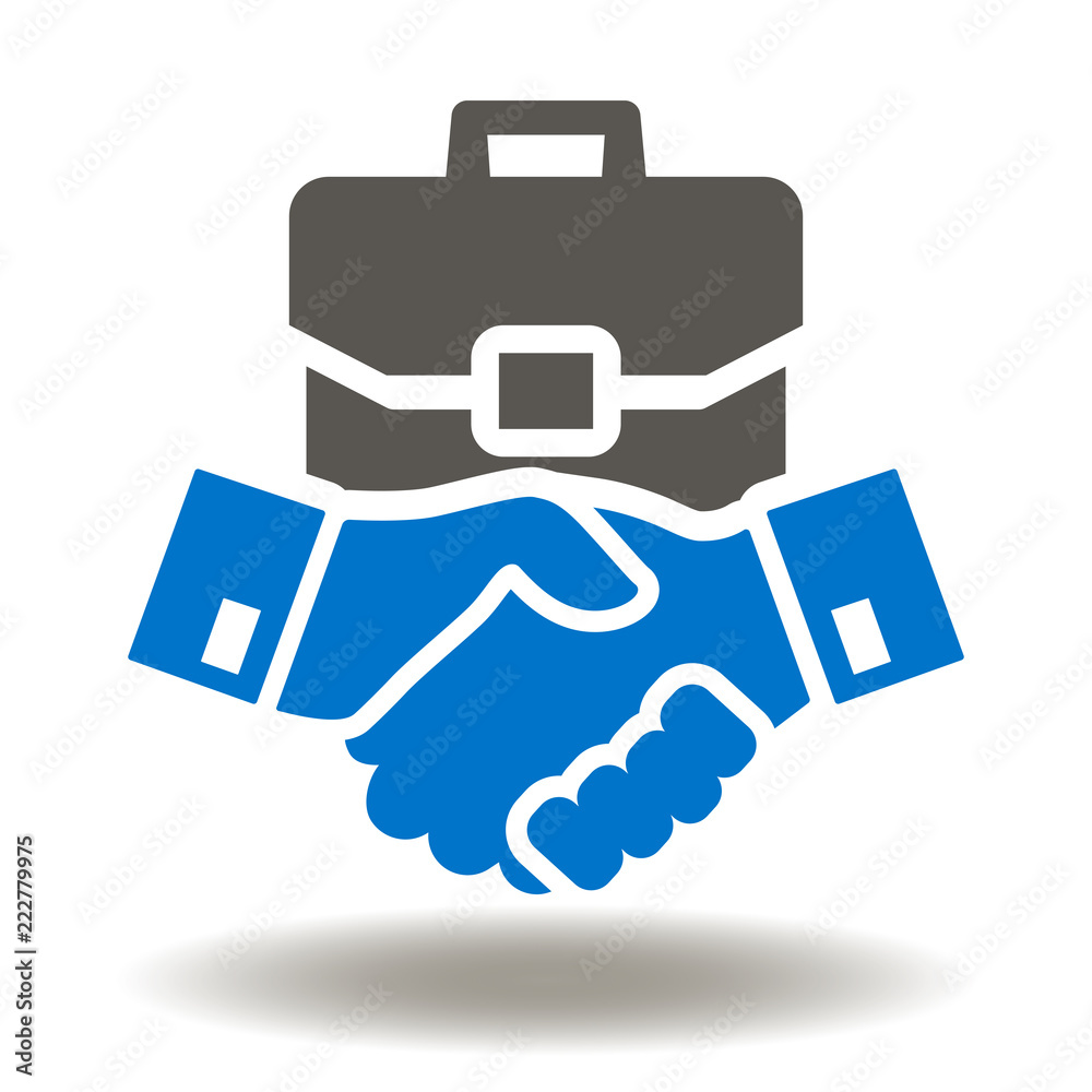 Handshake with briefcase icon vector. Investment Deal Illustration. Agreement Portfolio Logo. Business Finance Contract Symbol. Handshake with briefcase icon vector. Investment Deal Illustration. Agreement Portfolio Logo. Business Finance Contract Symbol.