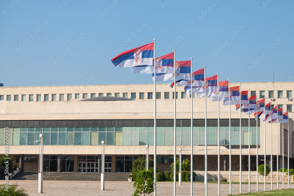 Flags of Serbia waiving in front of SIV, also known as Palata Srbija, or Palace of Serbia. It is the headquarters of the Serbian government, and the office of various state administrations in Belgrade Flags of Serbia waiving in front of SIV, also known as Palata Srbija, or Palace of Serbia. It is the headquarters of the Serbian government, and the office of various state administrations in Belgrade