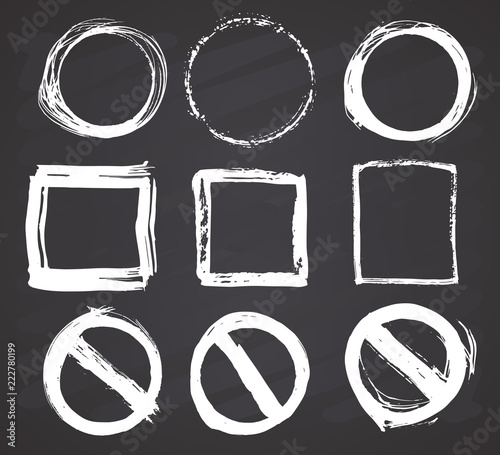 Round Frames and text boxes, grunge textured hand drawn elements set, vector illustration on chalkboard background