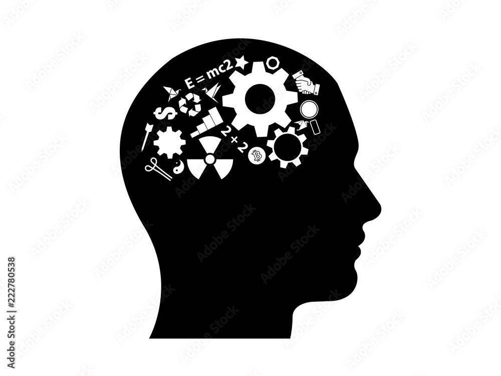 Thinking head gears and object inside side view silhouette illustration Thinking head gears and object inside side view silhouette illustration