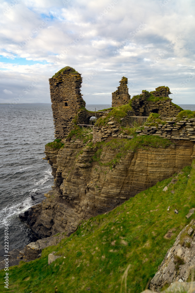 Castle Sinclair Girnigoe from Sinclair`s Bay. The medieval and renaissance fortress is the most spectacular ruin in the North of Scotland, in the Highlands near Wick and Caithness