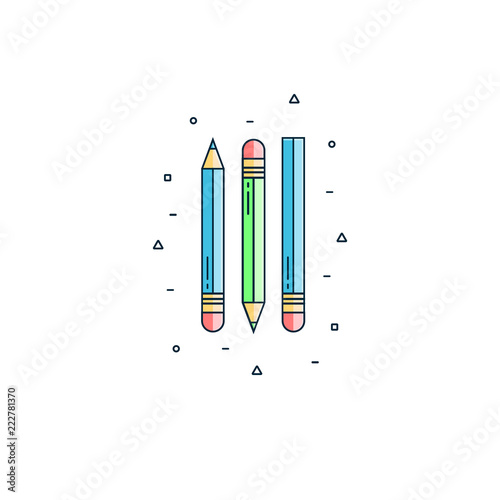 Set of sharp pencils with erasers in flat color line design. Writing or drawing instrument or tool in outline style. Office or school supply, item, object, pictogram.