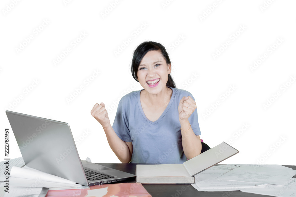 Beautiful college student expressing happy on studio Beautiful college student expressing happy on studio