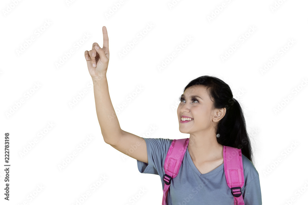 Caucasian student touching on the transparent screen Caucasian student touching on the transparent screen