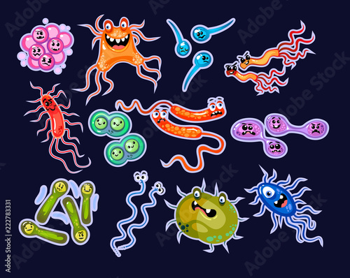 Cartoon bacteria set isolated on blue background. Vector illustration