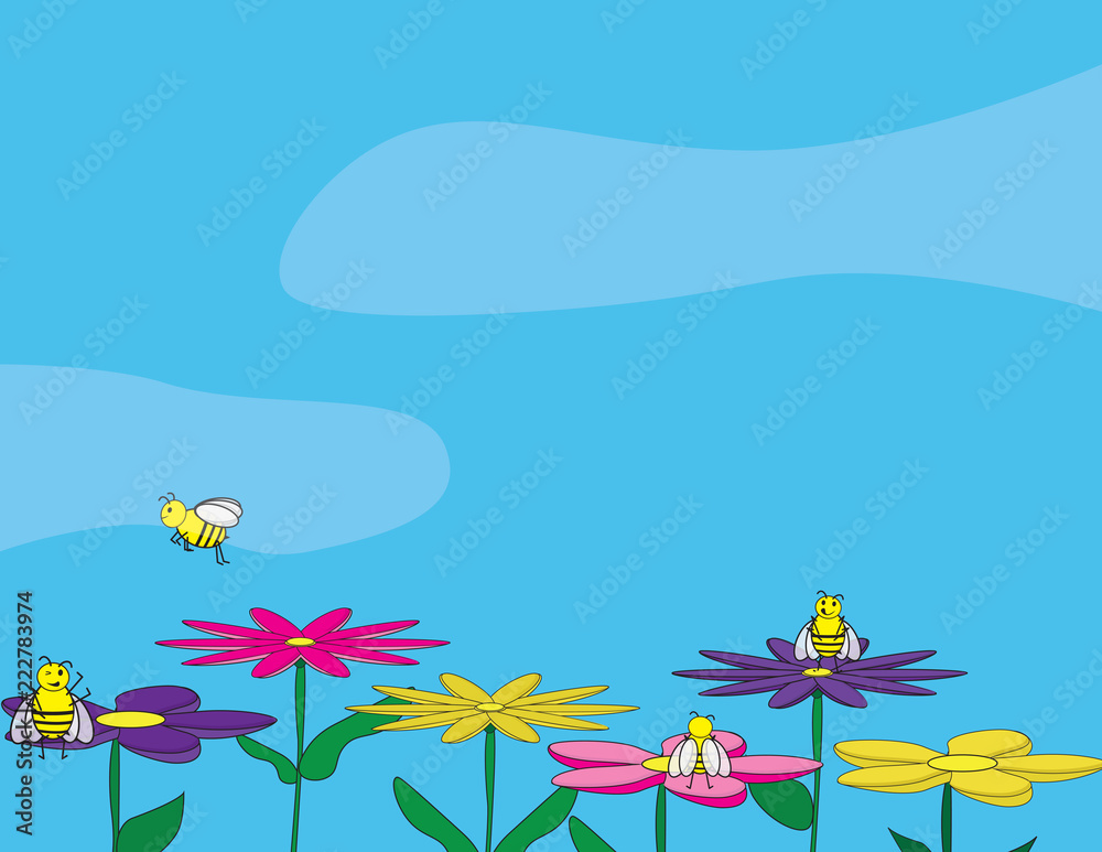 Vector spring illustration. Cute bees on colorful flowers