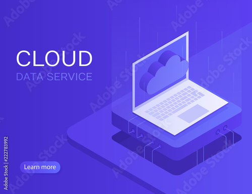 Cloud server banner, laptop with cloud icon. Modern Vector illustration in Isometric style