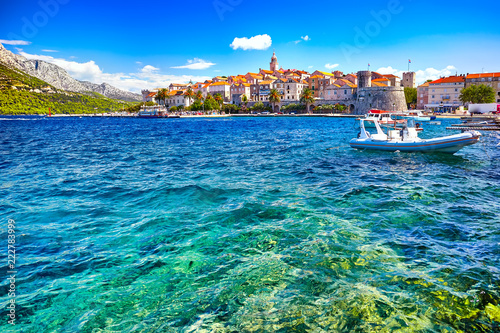 Seafront view at Korcula old town, historic island and travel european destination in Croatia photo