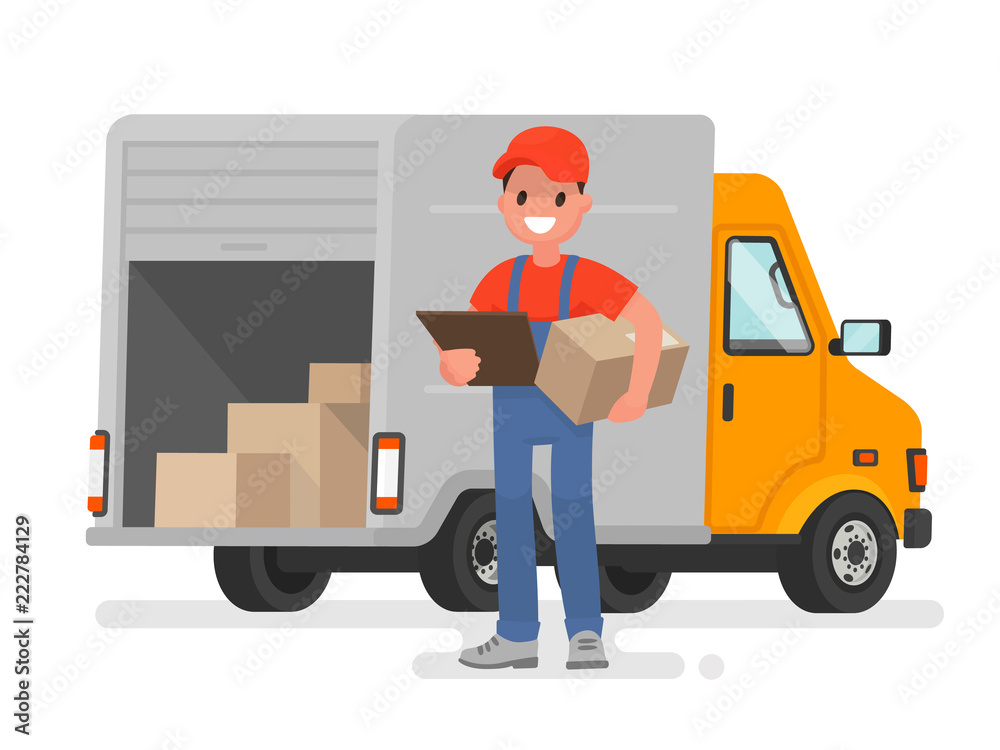 Courier with the parcel on the background of the delivery service van Stock  Vector | Adobe Stock