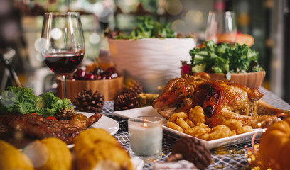 Top view many food dinner meal on table for christmas and thanksgiving celebration