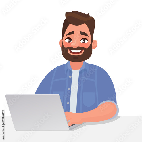 Business man and laptop. Work at the computer. Vector illustration
