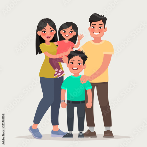 Asian happy family. Dad, mom, daughter and son together. Vector illustration