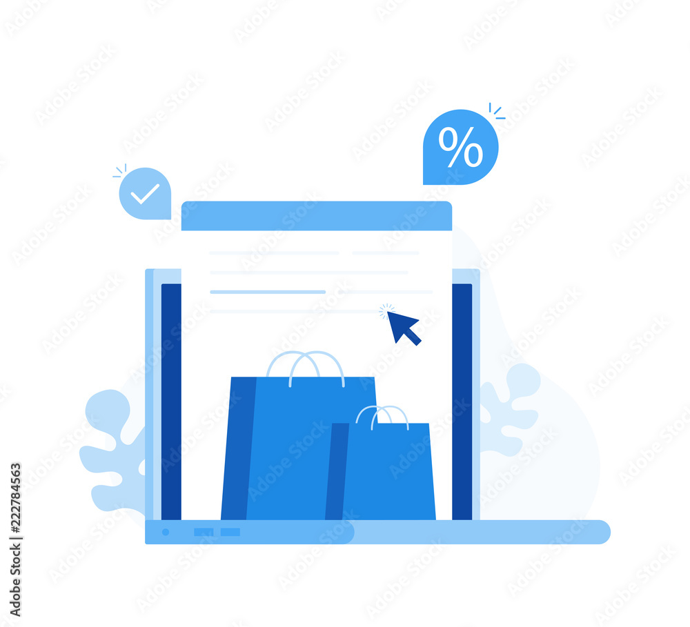 Fototapeta premium Concept online shopping. Laptop with shopping bags. Modern flat style vector illustration