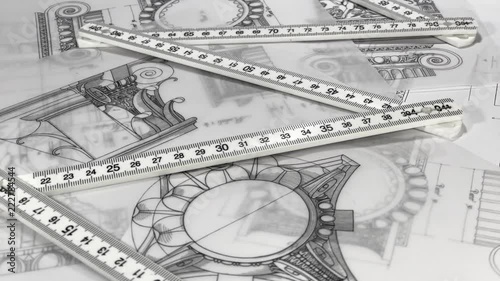 Wallpaper Mural Blueprints - architectural drawings, yardstick - folding ruler smoothly rotate on the surface of the drawings of antique decorative elements of architectural orders Torontodigital.ca